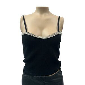 Chanel Black Knit Cropped Cami Top Rhinestone Trim Straps Y2K Women S